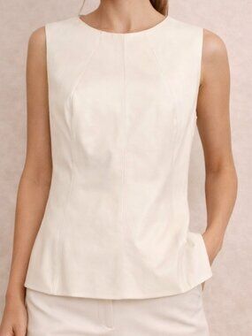 Akris Nappa Leather Sleeveless Top Ivory Cream Minimalist Luxury Size 10